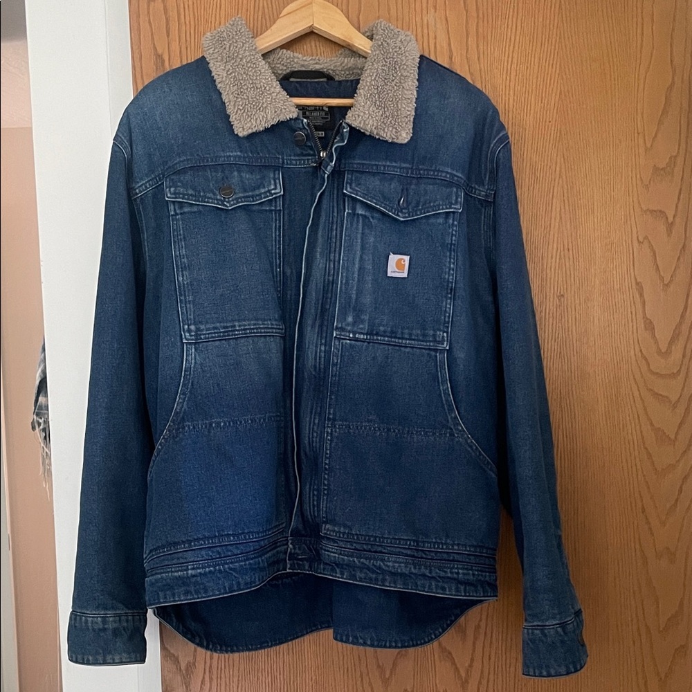 Carhartt Men's Dark Blue Denim Jacket with Sherpa Collar